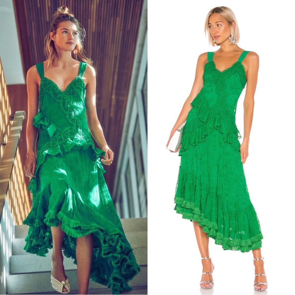 Alexis Bozoma Emerald Green Lace Asymmetrical Tiered Ruffle Midi Dress Sz Small
